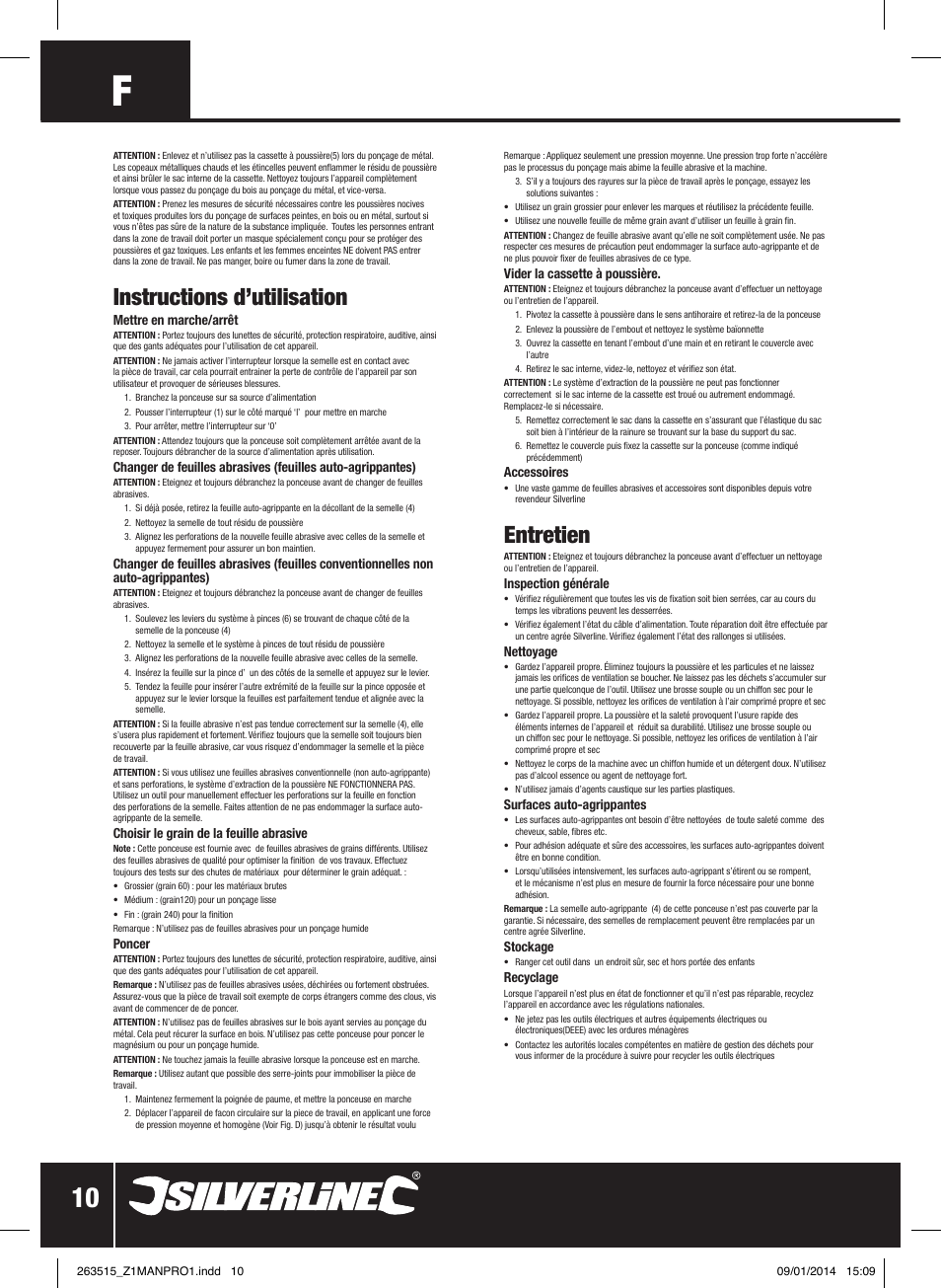 Instructions d’utilisation, Entretien | Silverline 220W Palm Sander 1/4 Sheet User Manual | Page 11 / 28