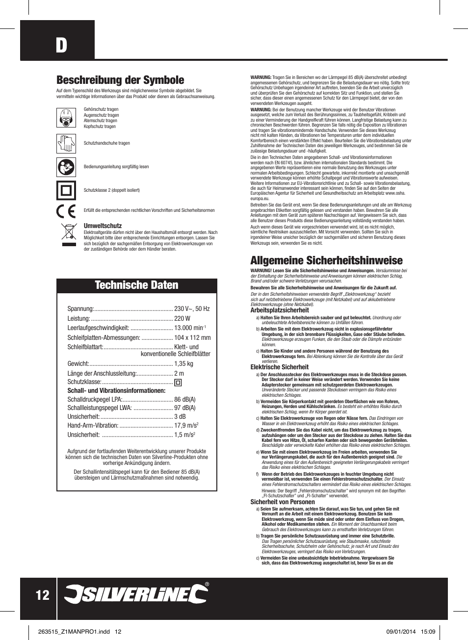 Technische daten, Beschreibung der symbole, Allgemeine sicherheitshinweise | Silverline 220W Palm Sander 1/4 Sheet User Manual | Page 13 / 28