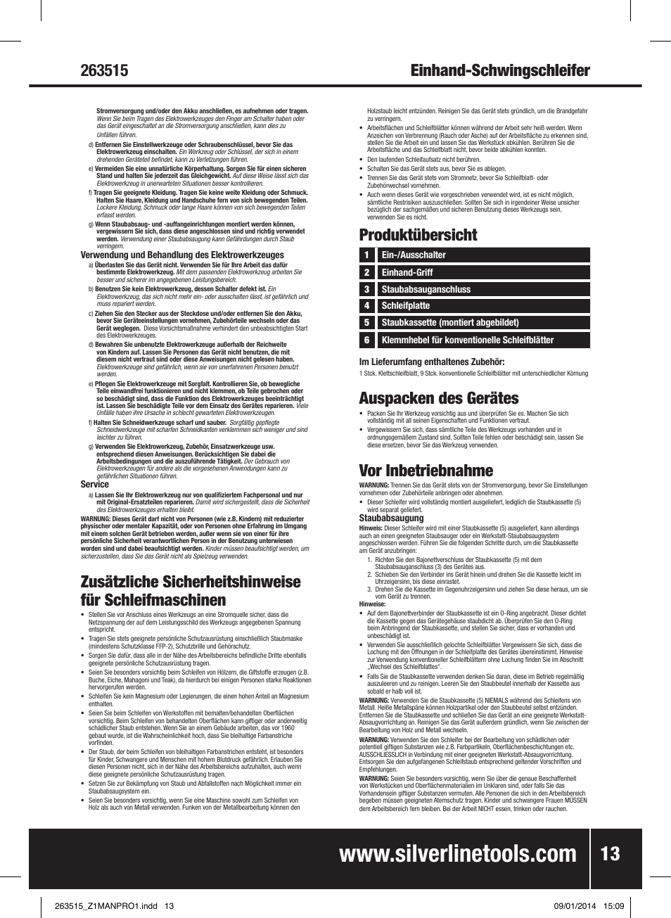 Produktübersicht, Auspacken des gerätes, Vor inbetriebnahme | Silverline 220W Palm Sander 1/4 Sheet User Manual | Page 14 / 28