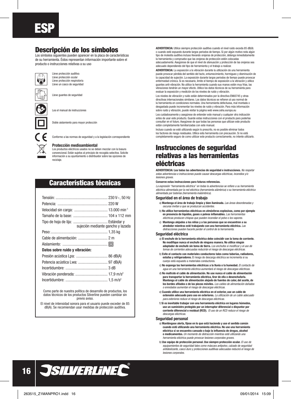 Descripción de los símbolos, Características técnicas | Silverline 220W Palm Sander 1/4 Sheet User Manual | Page 17 / 28