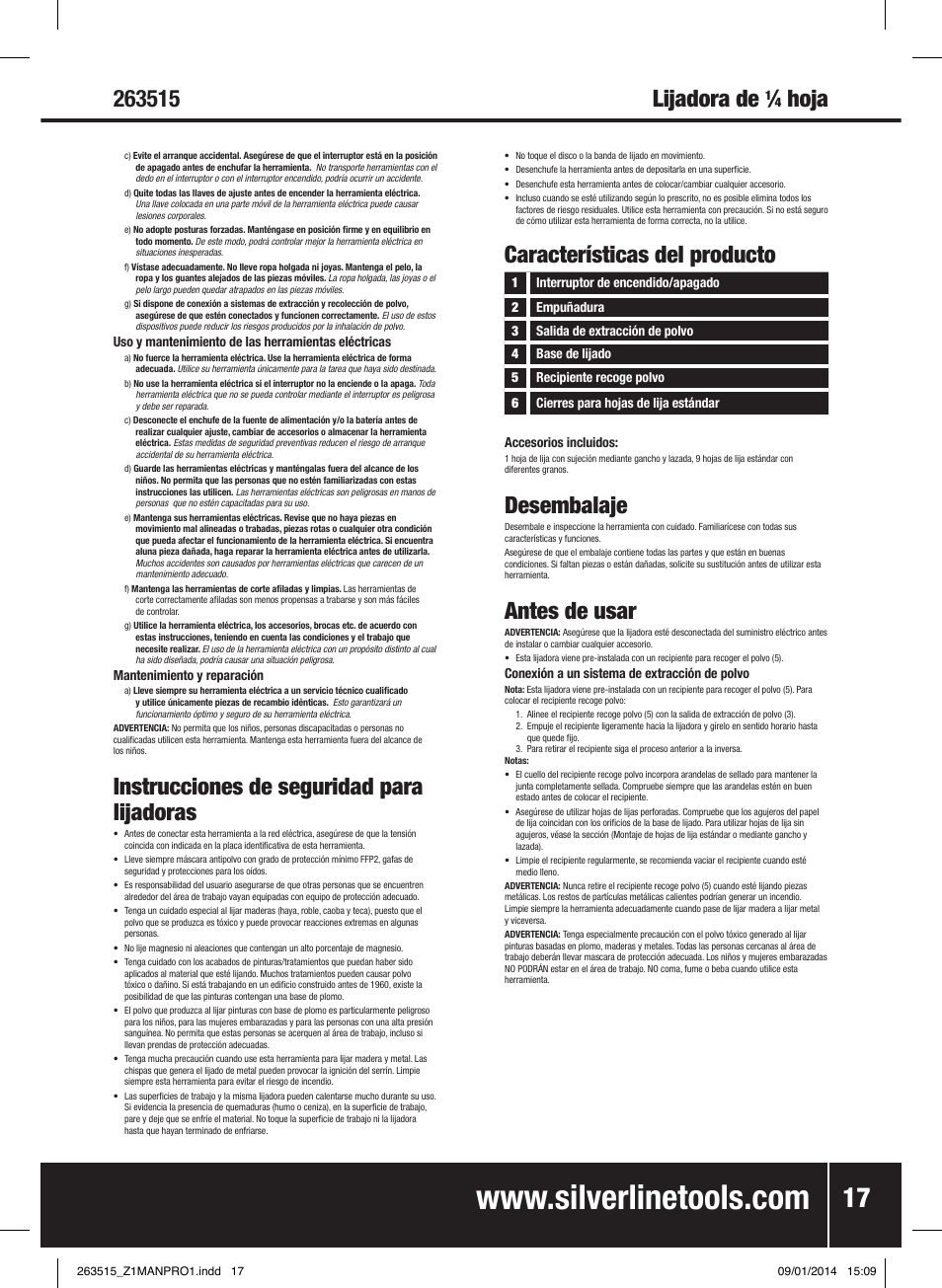 Hoja, Instrucciones de seguridad para lijadoras, Características del producto | Desembalaje, Antes de usar | Silverline 220W Palm Sander 1/4 Sheet User Manual | Page 18 / 28