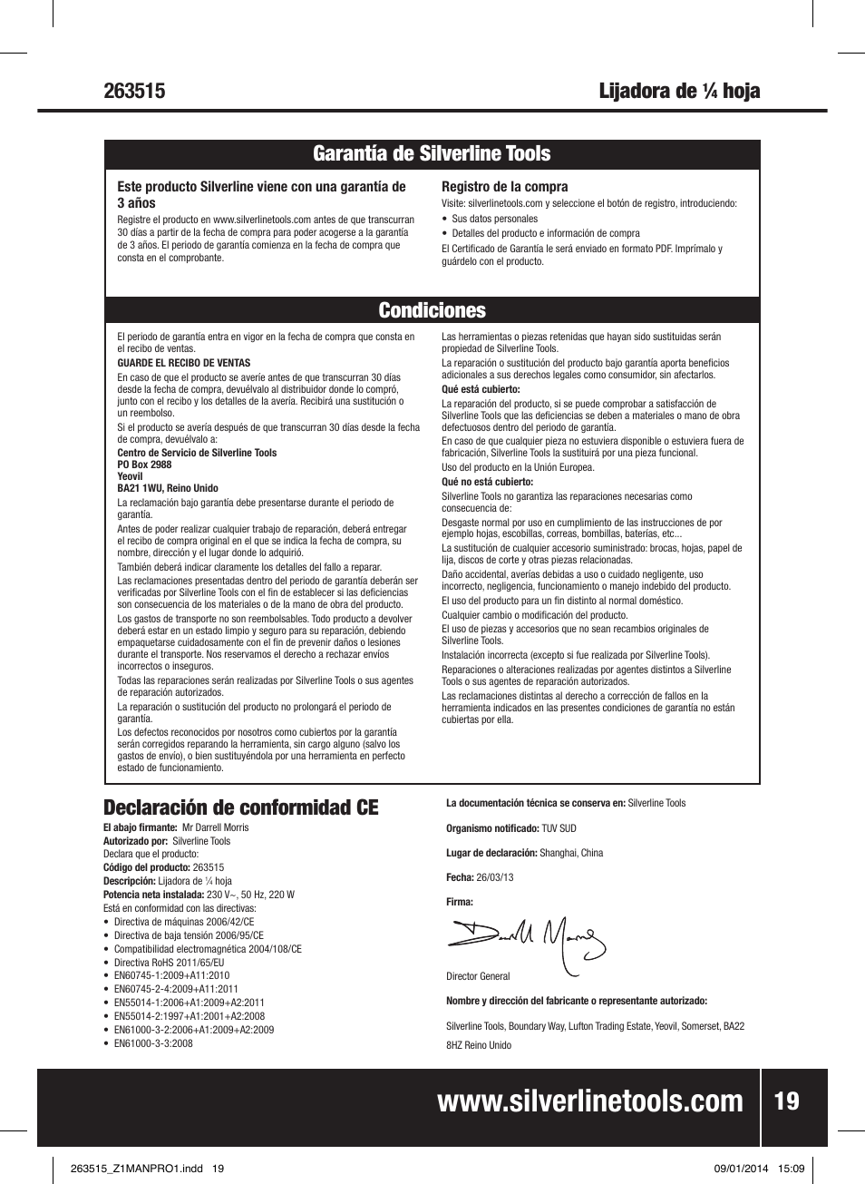 Hoja declaración de conformidad ce | Silverline 220W Palm Sander 1/4 Sheet User Manual | Page 20 / 28