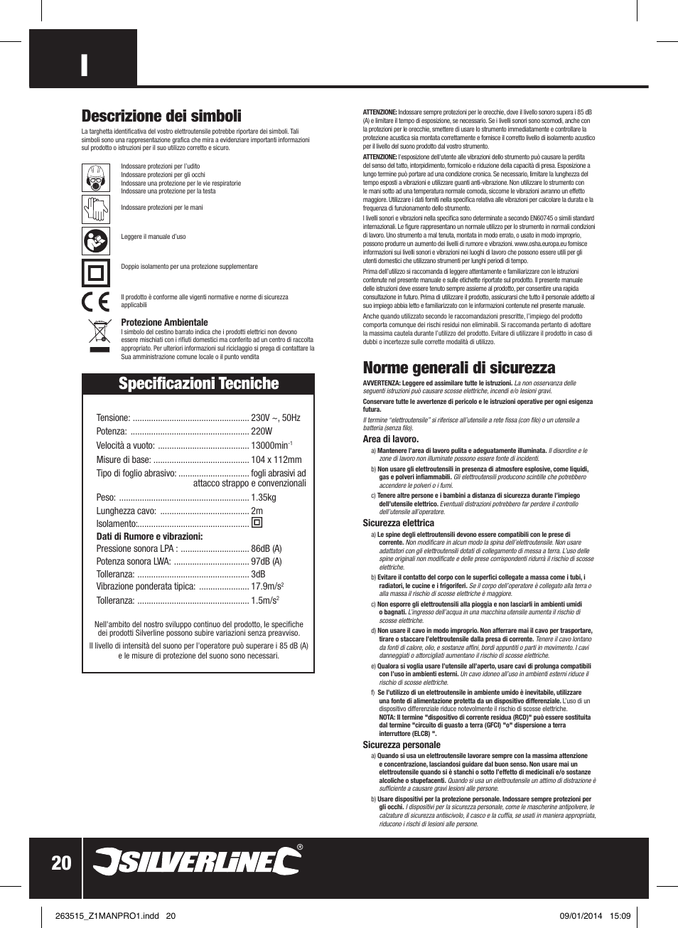 Specificazioni tecniche, Norme generali di sicurezza, Descrizione dei simboli | Silverline 220W Palm Sander 1/4 Sheet User Manual | Page 21 / 28