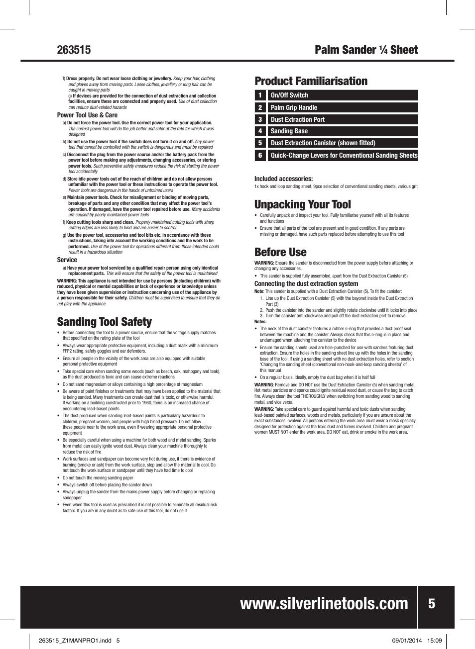 Palm sander, Sanding tool safety, Product familiarisation | Unpacking your tool, Before use | Silverline 220W Palm Sander 1/4 Sheet User Manual | Page 6 / 28