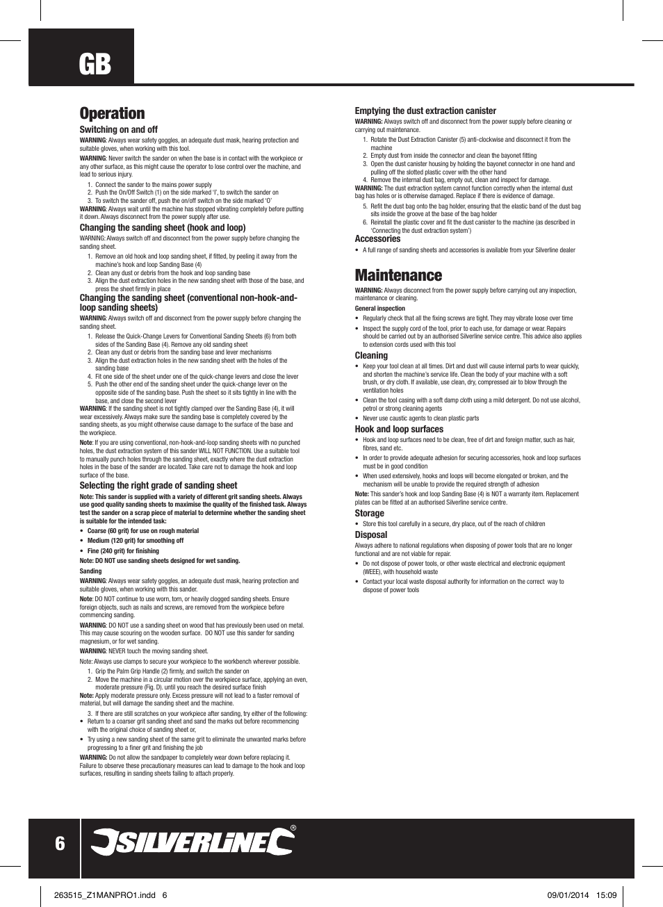 Operation, Maintenance | Silverline 220W Palm Sander 1/4 Sheet User Manual | Page 7 / 28