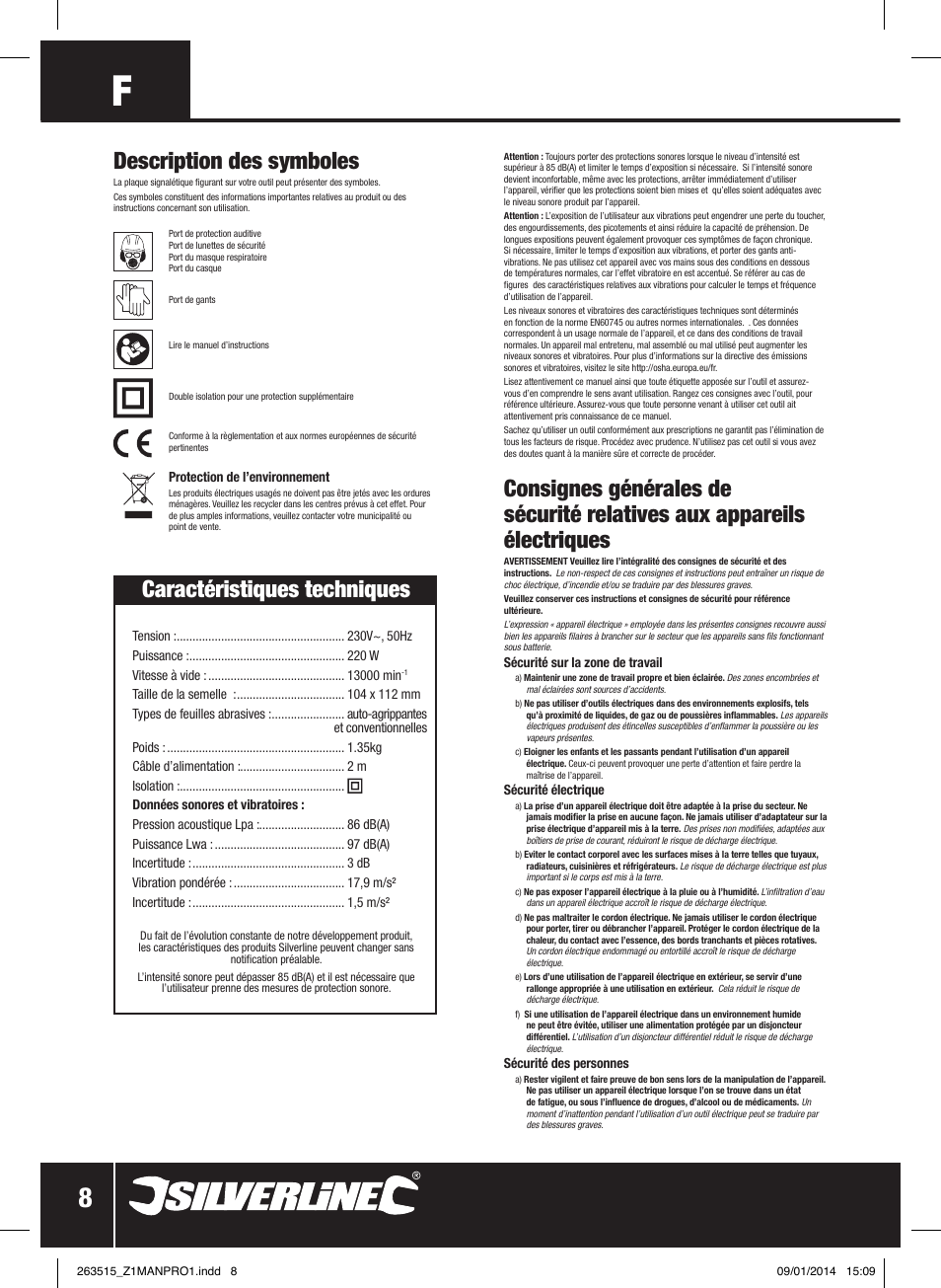 Description des symboles, Caractéristiques techniques | Silverline 220W Palm Sander 1/4 Sheet User Manual | Page 9 / 28