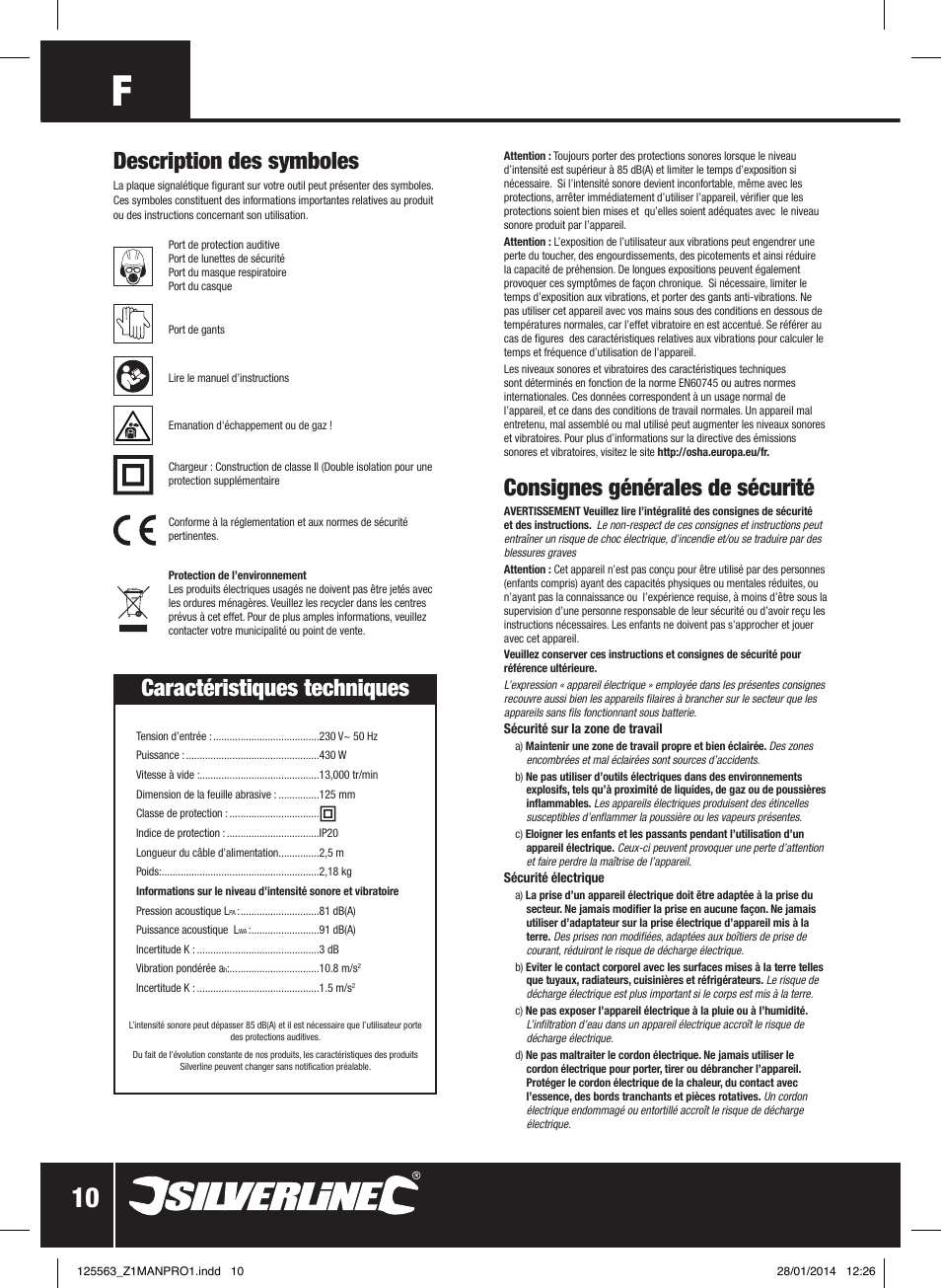 Consignes générales de sécurité, Description des symboles, Caractéristiques techniques | Silverline 430W Random Orbit Sander 125mm User Manual | Page 11 / 40