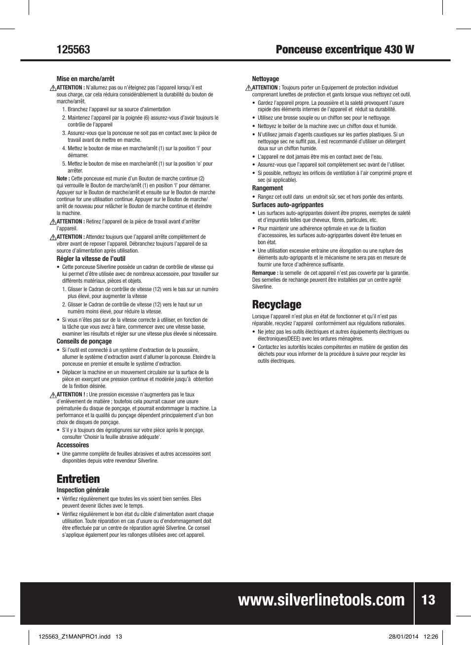 Entretien, Recyclage | Silverline 430W Random Orbit Sander 125mm User Manual | Page 14 / 40