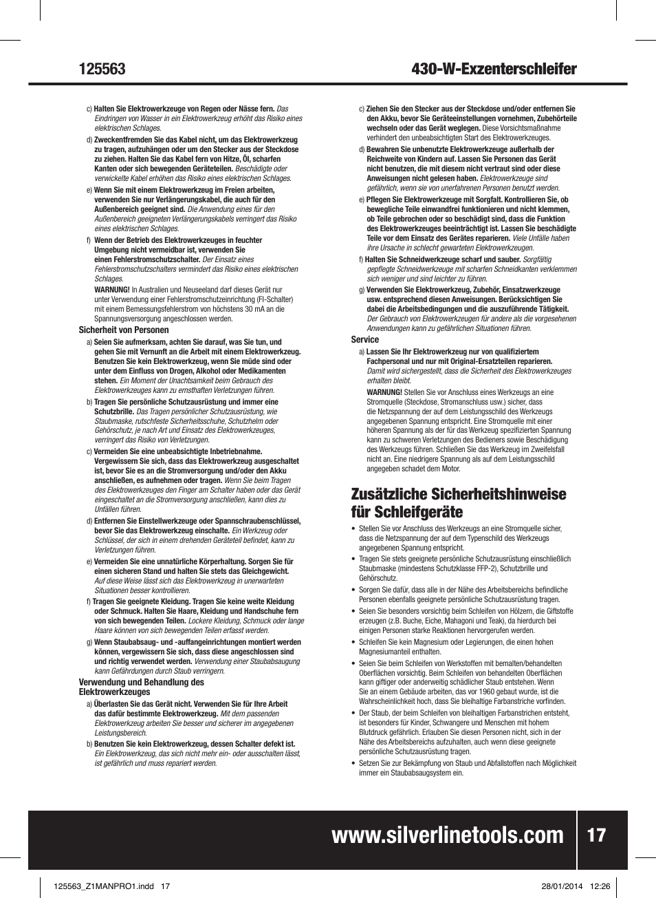 Zusätzliche sicherheitshinweise für schleifgeräte, W-exzenterschleifer | Silverline 430W Random Orbit Sander 125mm User Manual | Page 18 / 40