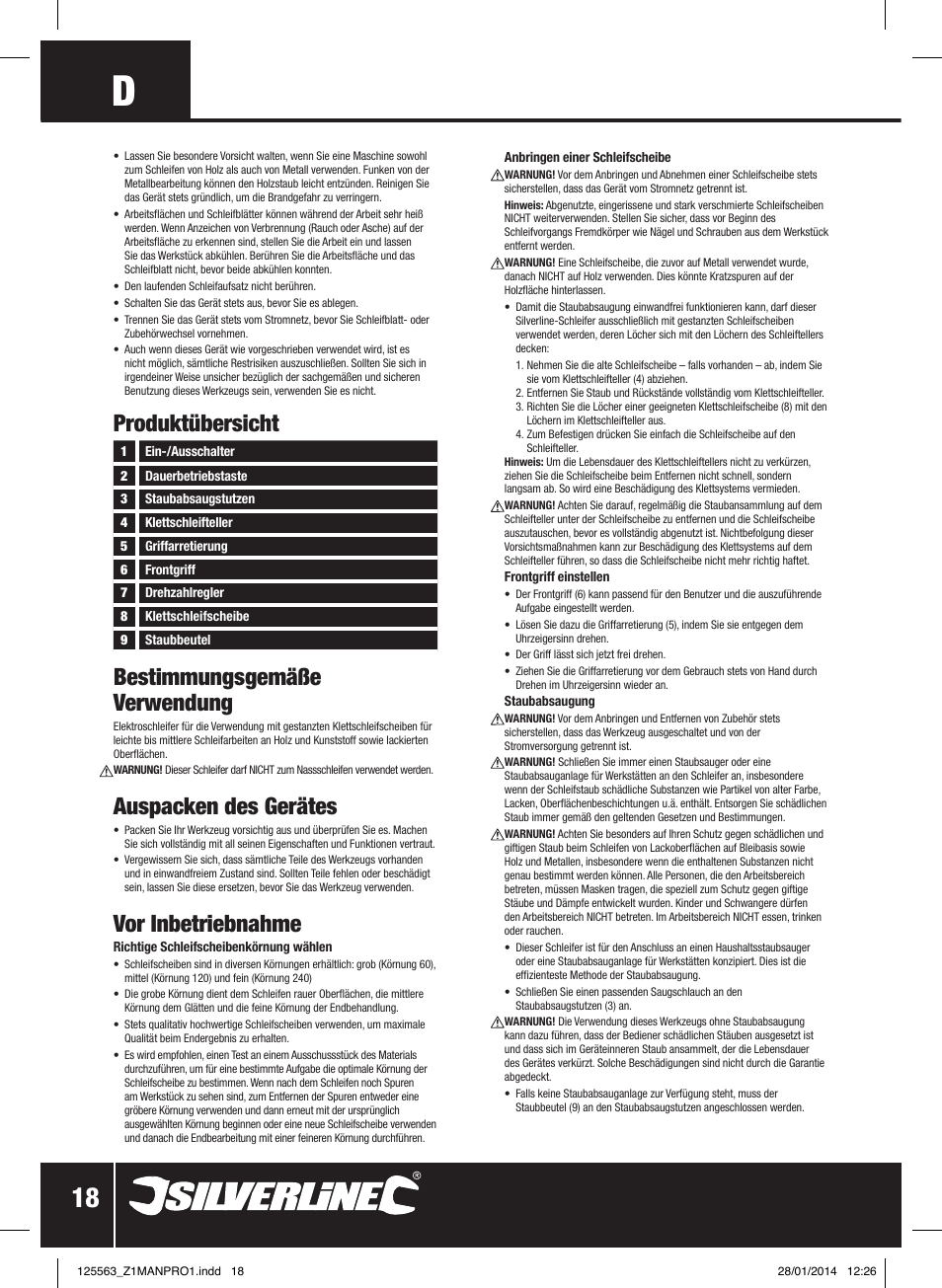 Bestimmungsgemäße verwendung, Auspacken des gerätes, Vor inbetriebnahme | Produktübersicht | Silverline 430W Random Orbit Sander 125mm User Manual | Page 19 / 40