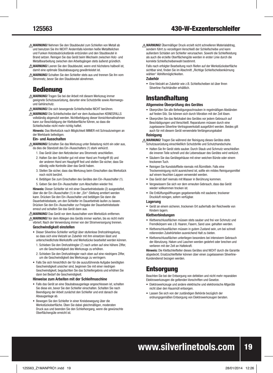 Bedienung, Instandhaltung, Entsorgung | Silverline 430W Random Orbit Sander 125mm User Manual | Page 20 / 40