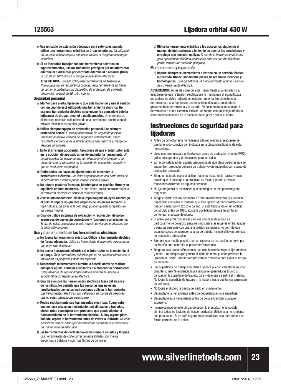 Instrucciones de seguridad para lijadoras, Lijadora orbital 430 w | Silverline 430W Random Orbit Sander 125mm User Manual | Page 24 / 40