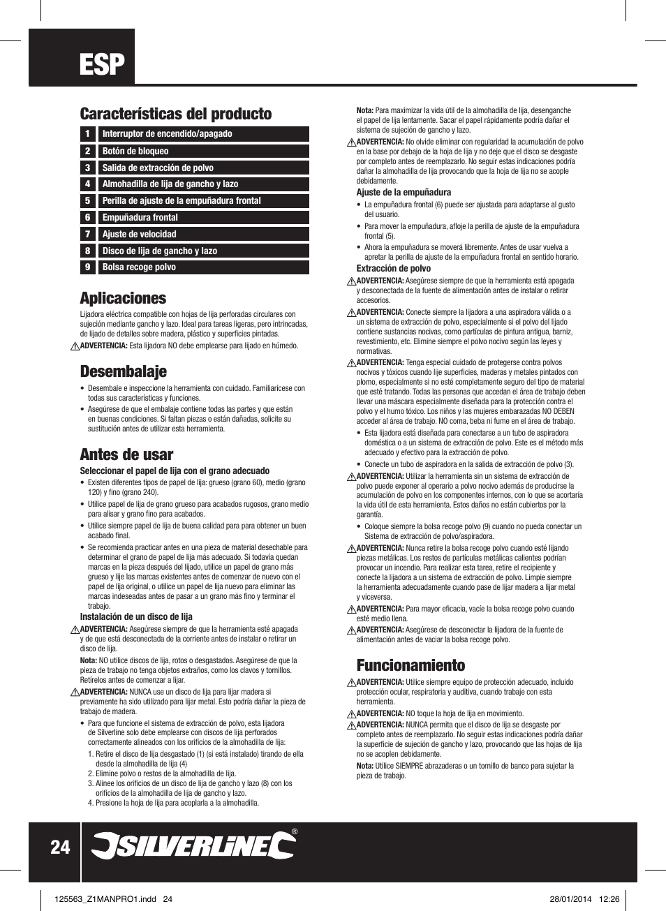 Aplicaciones, Desembalaje, Antes de usar | Funcionamiento, Características del producto | Silverline 430W Random Orbit Sander 125mm User Manual | Page 25 / 40