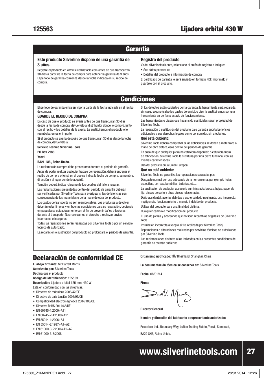 Declaración de conformidad ce | Silverline 430W Random Orbit Sander 125mm User Manual | Page 28 / 40