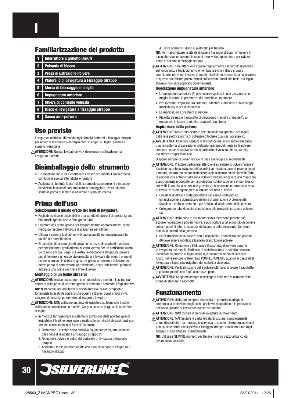 Uso previsto, Disimballaggio dello strumento, Prima dell'uso | Funzionamento, Familiarizzazione del prodotto | Silverline 430W Random Orbit Sander 125mm User Manual | Page 31 / 40