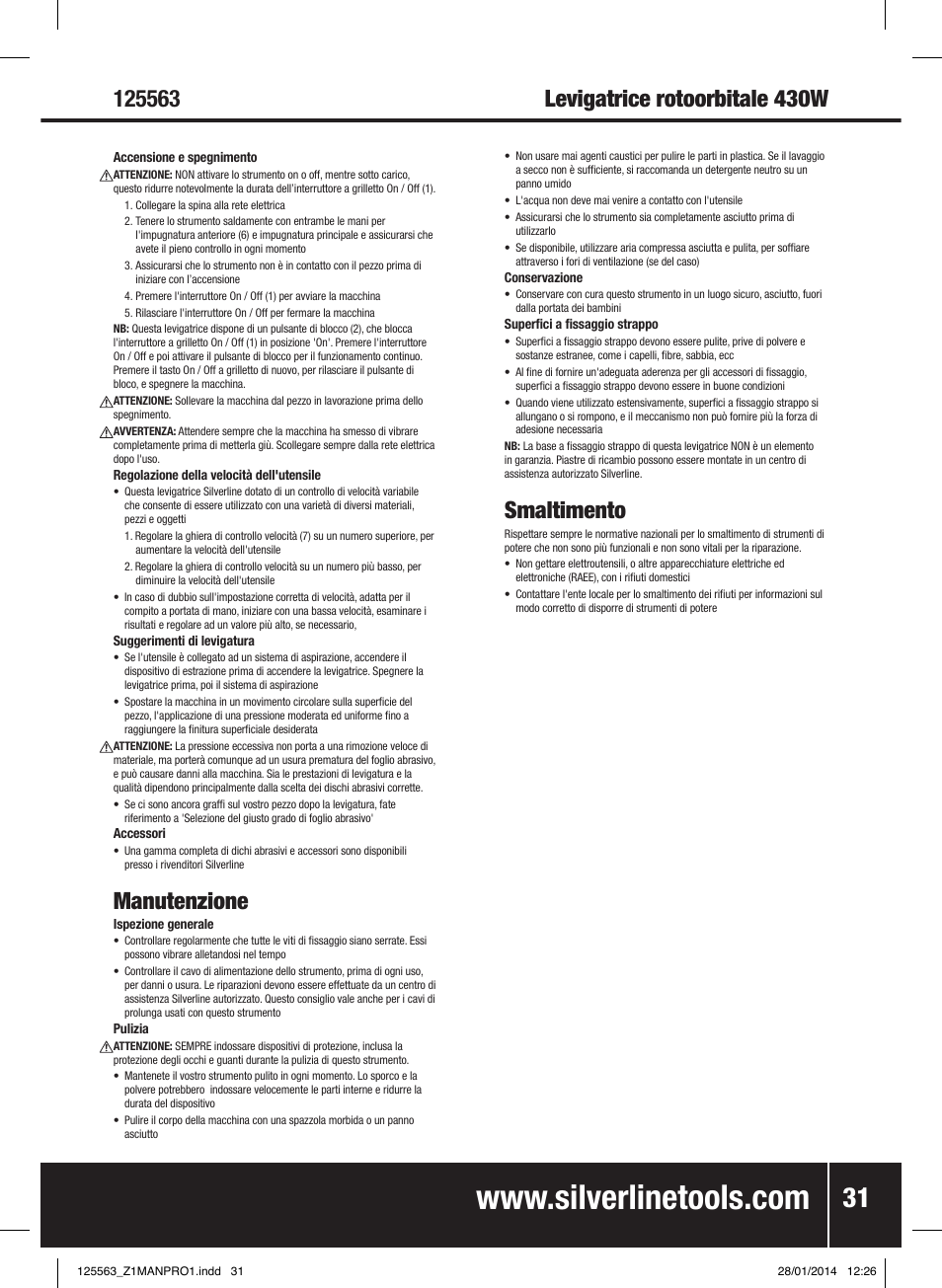 Manutenzione, Smaltimento | Silverline 430W Random Orbit Sander 125mm User Manual | Page 32 / 40