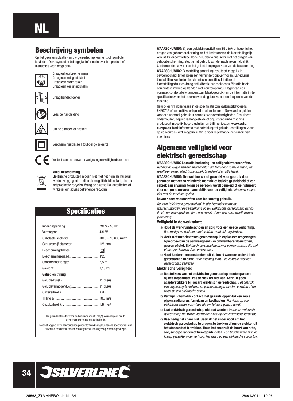 Algemene veiligheid voor elektrisch gereedschap, Beschrijving symbolen, Specificaties | Silverline 430W Random Orbit Sander 125mm User Manual | Page 35 / 40