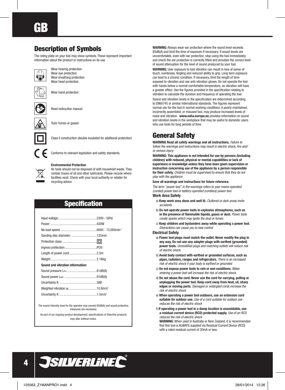 General safety, Description of symbols, Specification | Silverline 430W Random Orbit Sander 125mm User Manual | Page 5 / 40