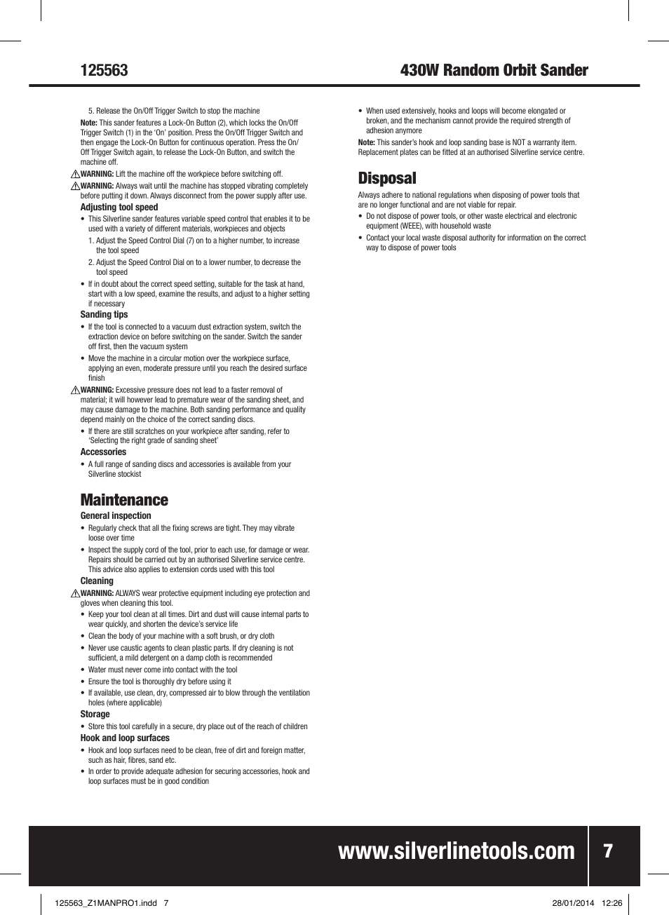 Maintenance, Disposal | Silverline 430W Random Orbit Sander 125mm User Manual | Page 8 / 40