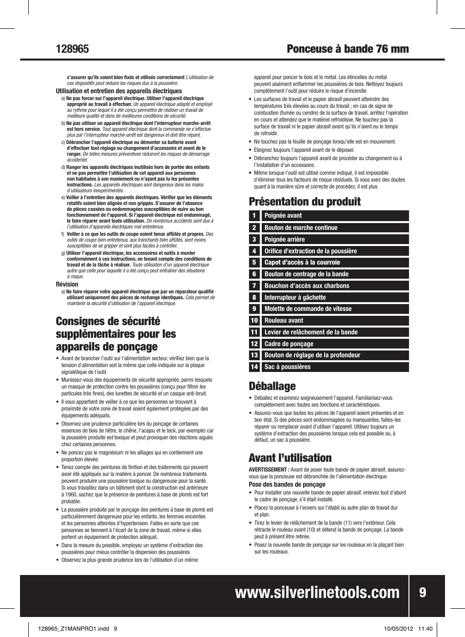 Présentation du produit, Déballage, Avant l’utilisation | Silverline 950W Belt Sander 76mm User Manual | Page 10 / 28