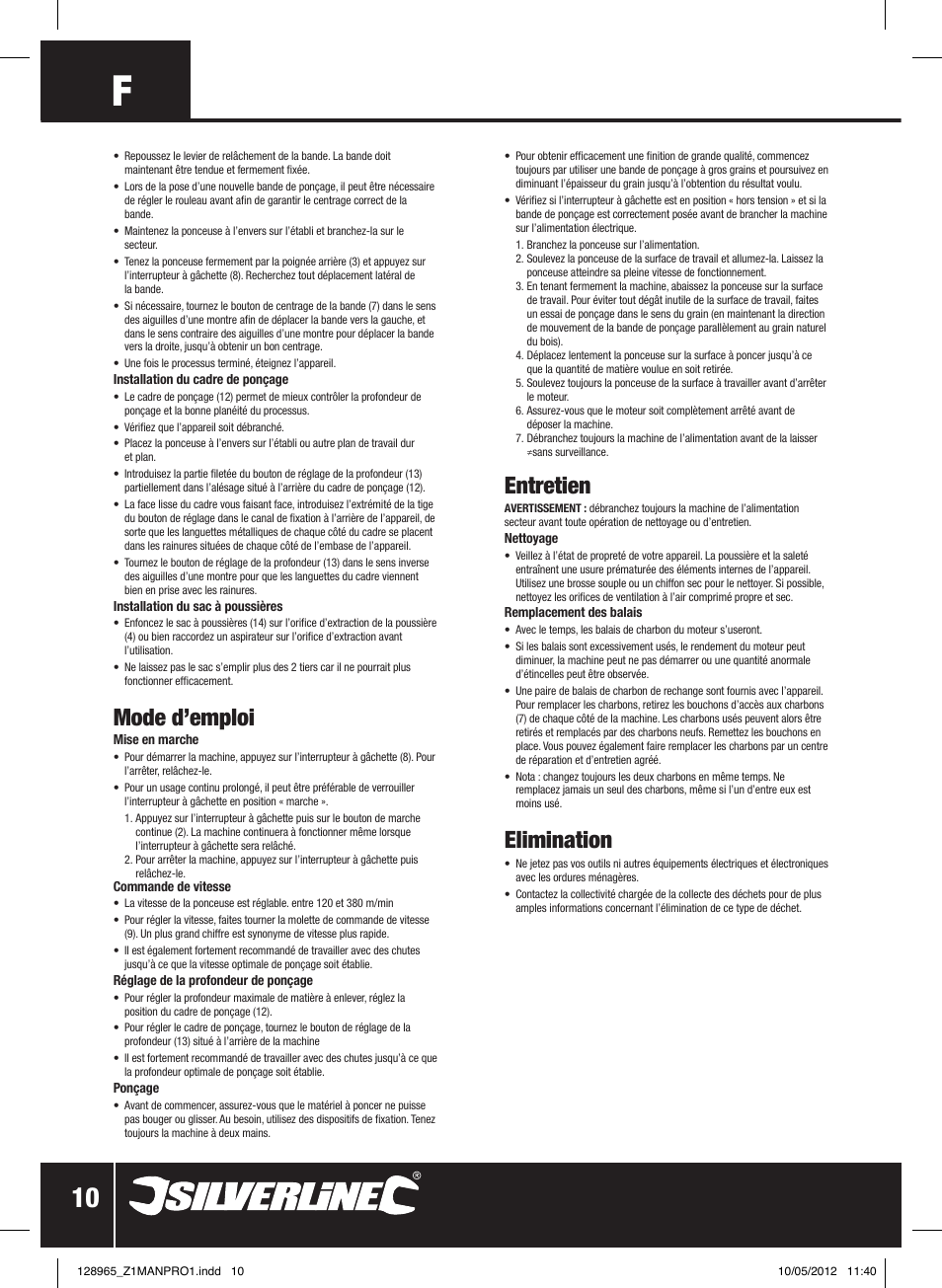 Entretien, Elimination, Mode d’emploi | Silverline 950W Belt Sander 76mm User Manual | Page 11 / 28