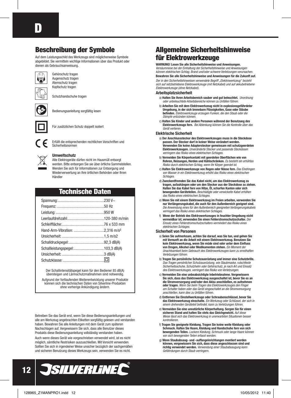 Technische daten, Beschreibung der symbole | Silverline 950W Belt Sander 76mm User Manual | Page 13 / 28