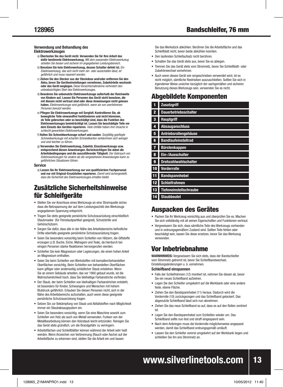 Zusätzliche sicherheitshinweise für schleifgeräte, Abgebildete komponenten auspacken des gerätes, Vor inbetriebnahme | Silverline 950W Belt Sander 76mm User Manual | Page 14 / 28
