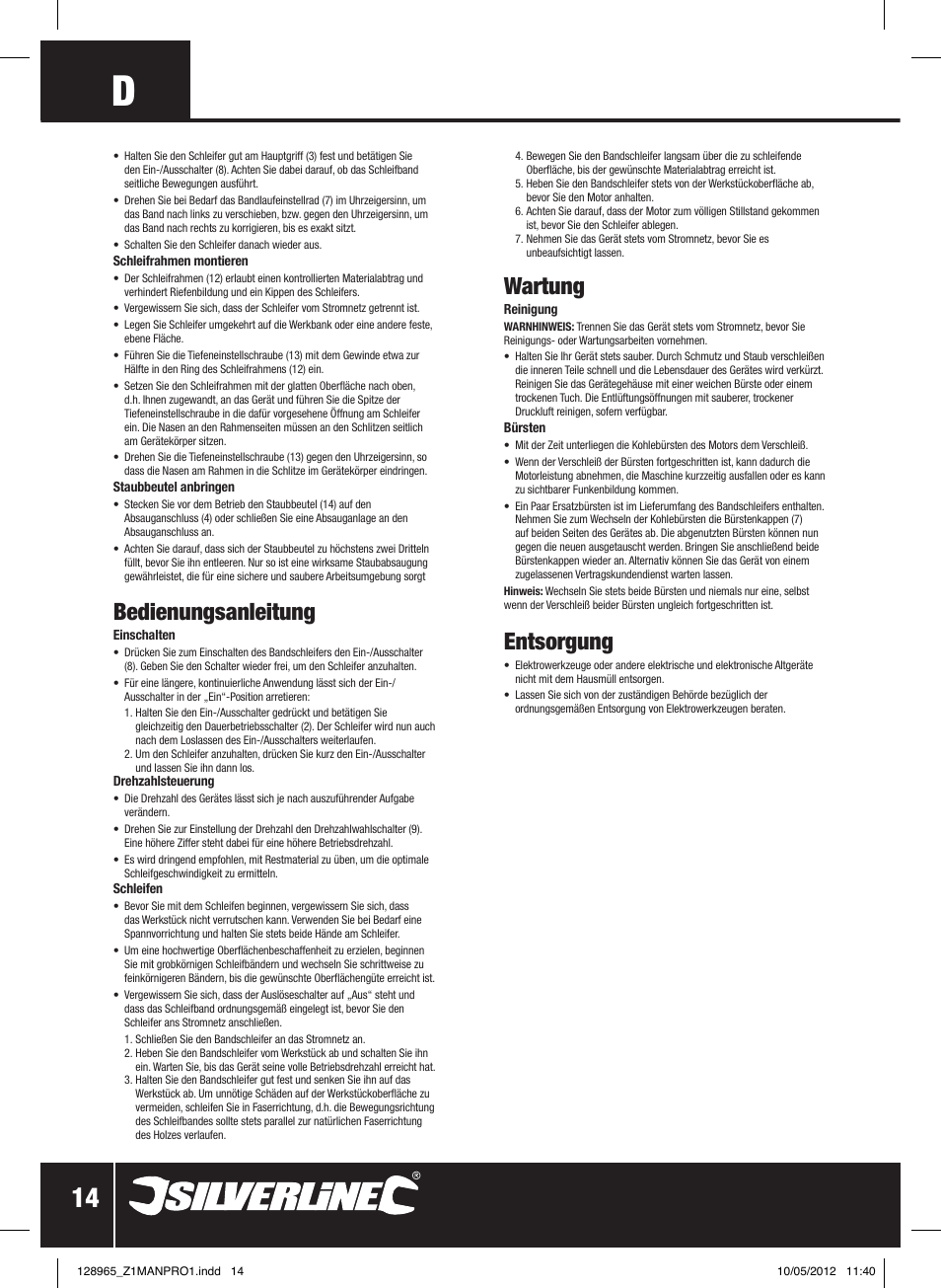 Bedienungsanleitung, Wartung, Entsorgung | Silverline 950W Belt Sander 76mm User Manual | Page 15 / 28