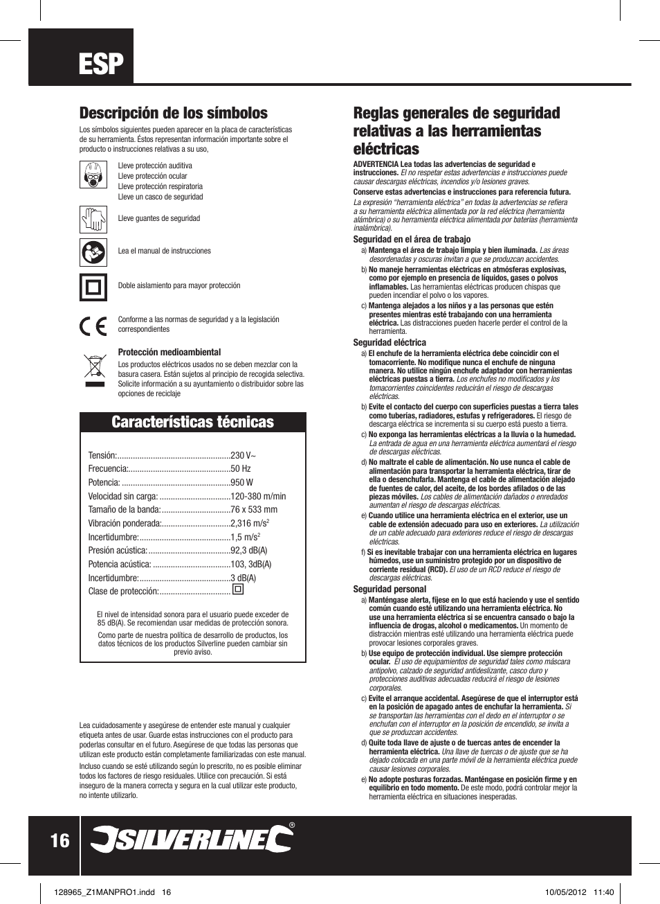 Características técnicas, Descripción de los símbolos | Silverline 950W Belt Sander 76mm User Manual | Page 17 / 28