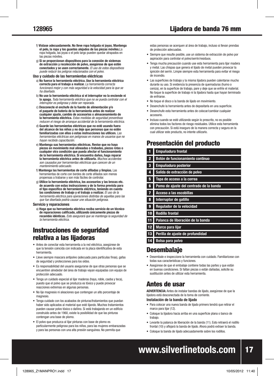 Presentación del producto desembalaje, Antes de usar | Silverline 950W Belt Sander 76mm User Manual | Page 18 / 28