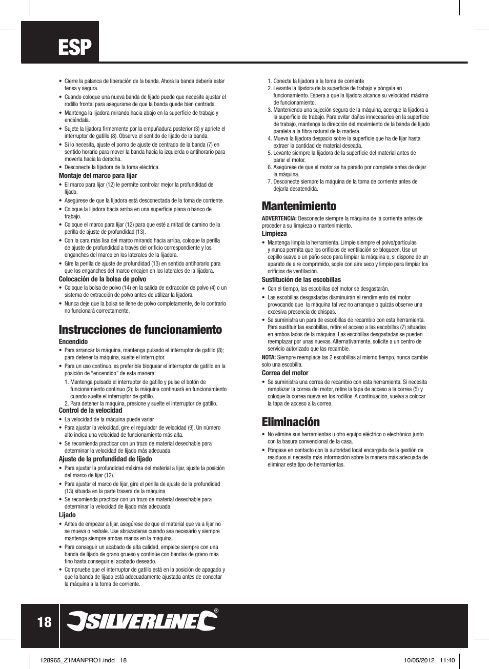 Instrucciones de funcionamiento, Mantenimiento, Eliminación | Silverline 950W Belt Sander 76mm User Manual | Page 19 / 28