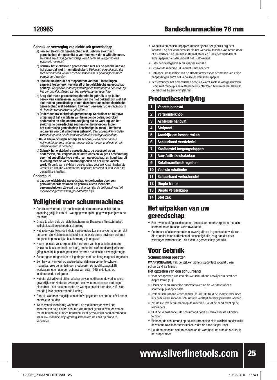 Veiligheid voor schuurmachines, Voor gebruik | Silverline 950W Belt Sander 76mm User Manual | Page 26 / 28