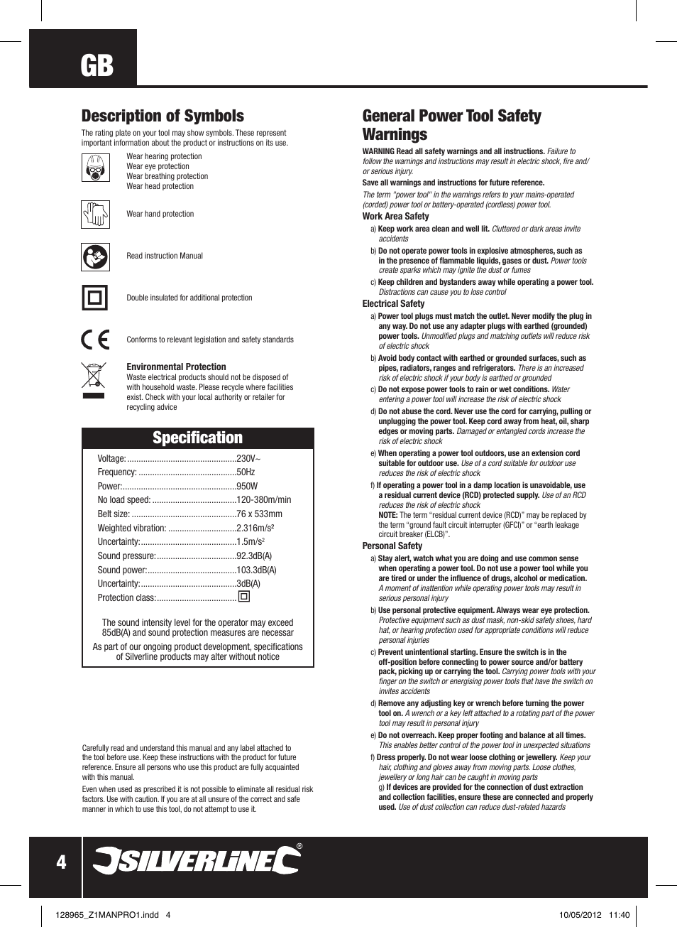 Specification, Description of symbols, General power tool safety warnings | Silverline 950W Belt Sander 76mm User Manual | Page 5 / 28