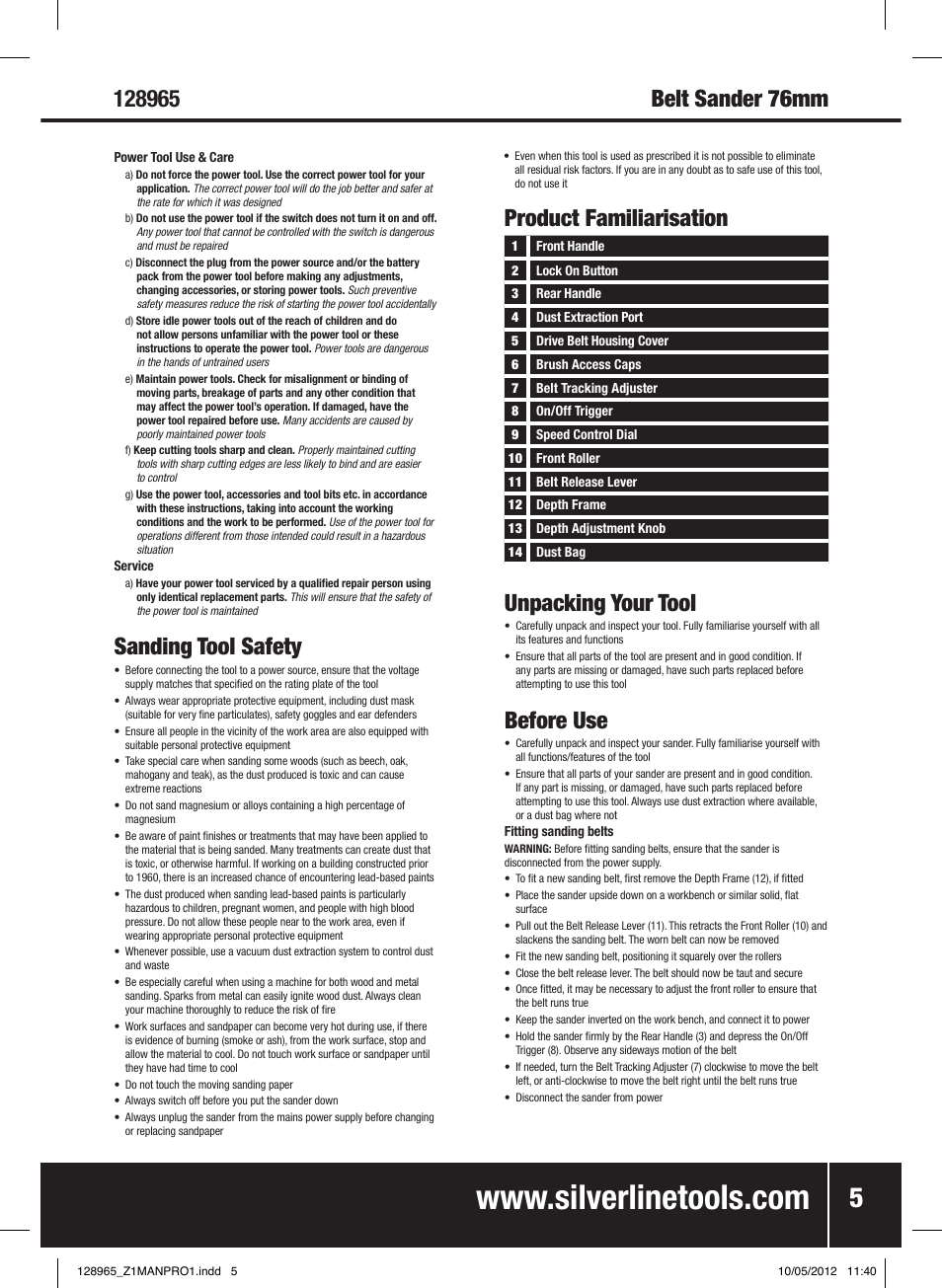 Sanding tool safety, Product familiarisation unpacking your tool, Before use | Silverline 950W Belt Sander 76mm User Manual | Page 6 / 28