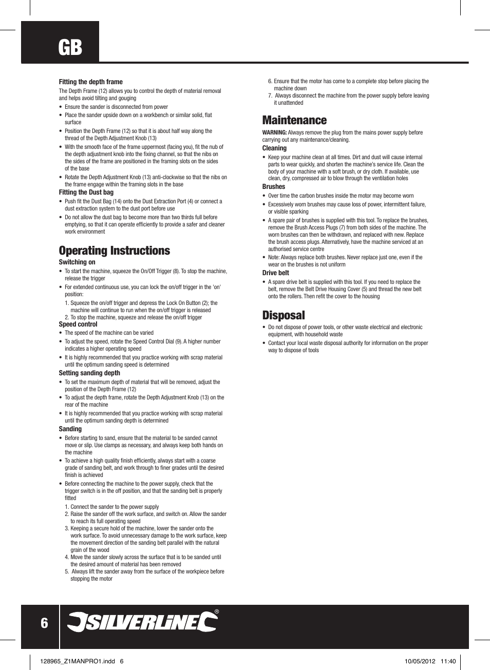 Operating instructions, Maintenance, Disposal | Silverline 950W Belt Sander 76mm User Manual | Page 7 / 28