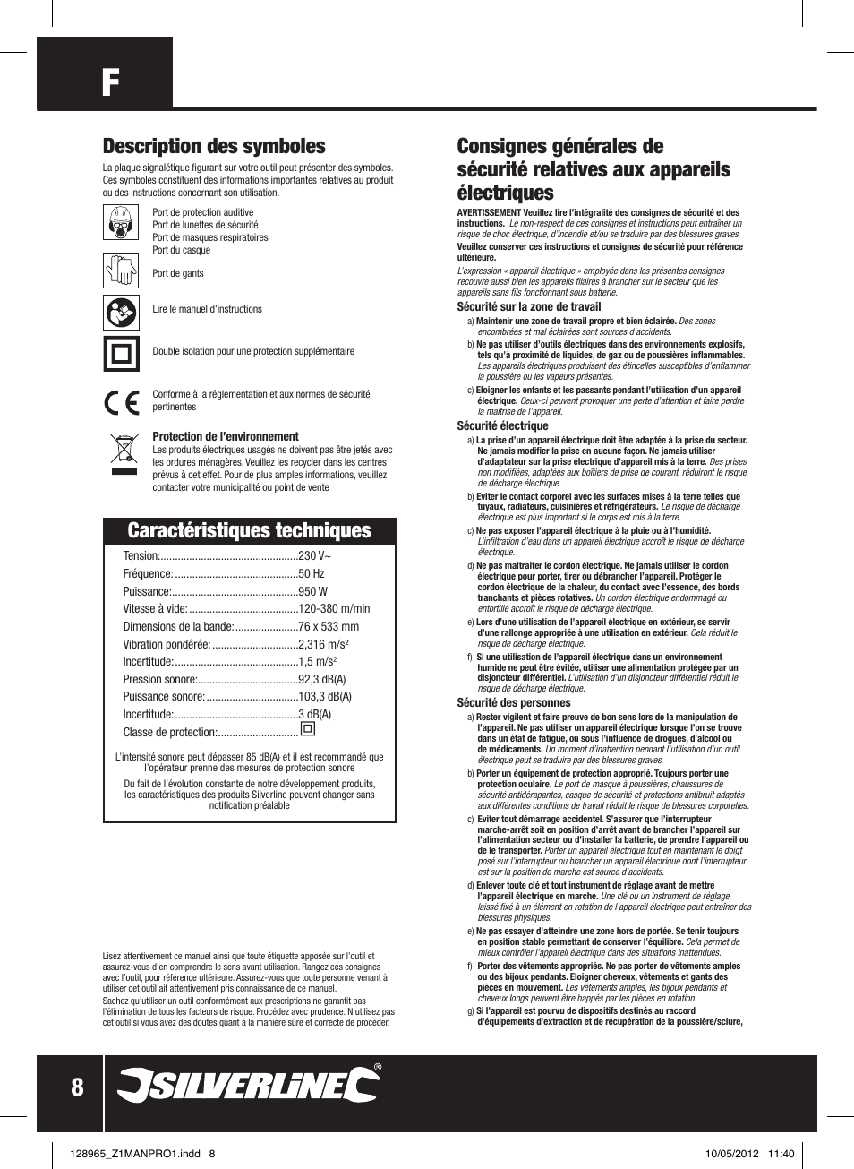 Caractéristiques techniques, Description des symboles | Silverline 950W Belt Sander 76mm User Manual | Page 9 / 28