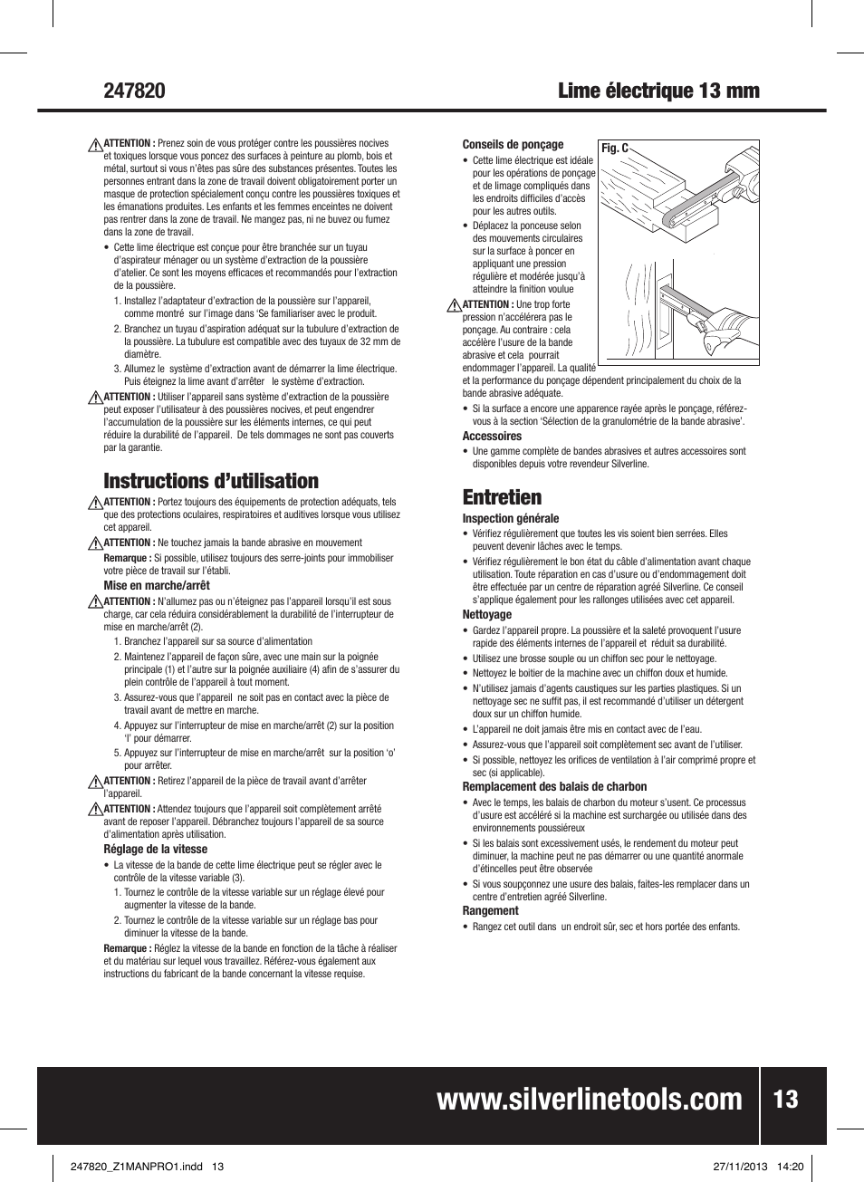 Entretien, Instructions d’utilisation | Silverline 260W Power Belt File 13mm User Manual | Page 14 / 40