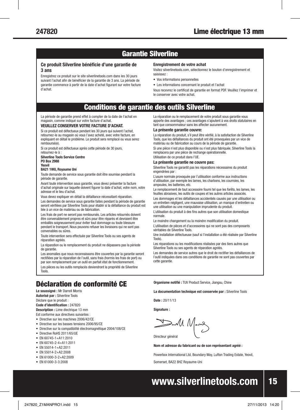 Déclaration de conformité ce | Silverline 260W Power Belt File 13mm User Manual | Page 16 / 40