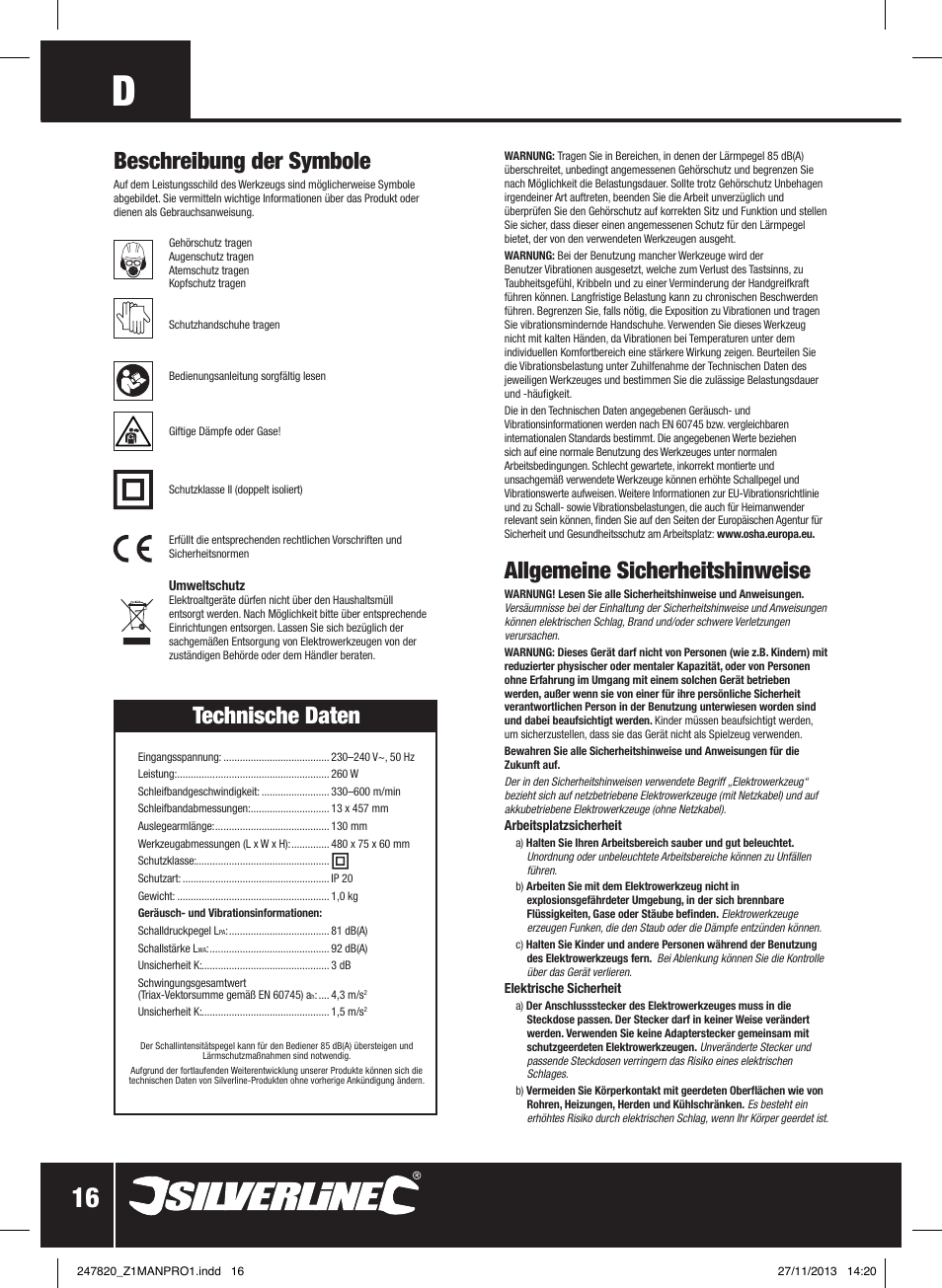 Allgemeine sicherheitshinweise, Beschreibung der symbole, Technische daten | Silverline 260W Power Belt File 13mm User Manual | Page 17 / 40