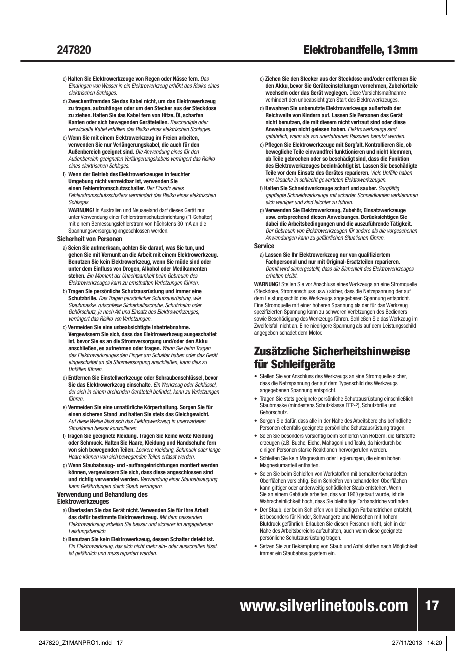 Zusätzliche sicherheitshinweise für schleifgeräte | Silverline 260W Power Belt File 13mm User Manual | Page 18 / 40