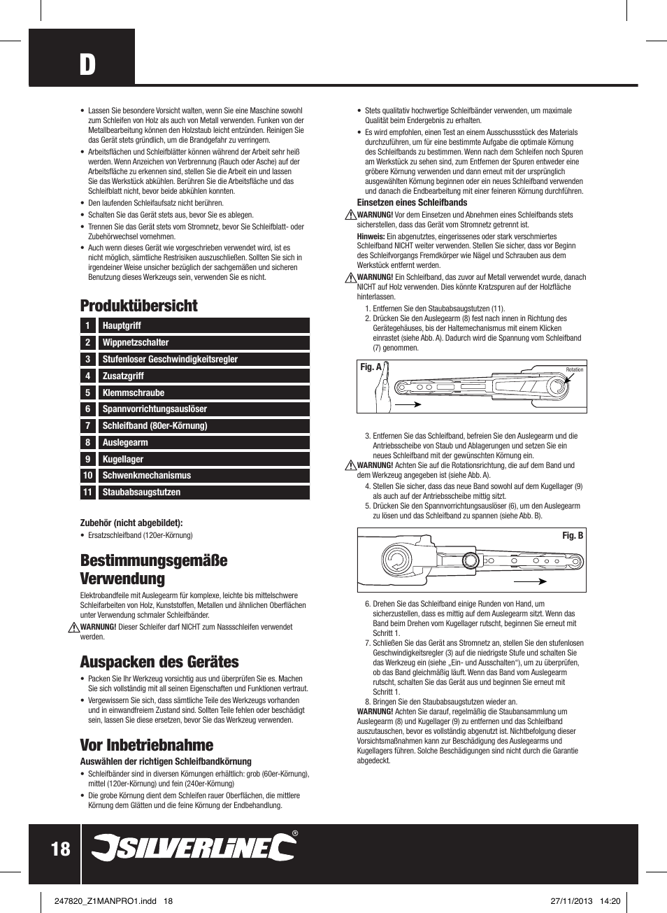 Bestimmungsgemäße verwendung, Auspacken des gerätes, Vor inbetriebnahme | Produktübersicht | Silverline 260W Power Belt File 13mm User Manual | Page 19 / 40