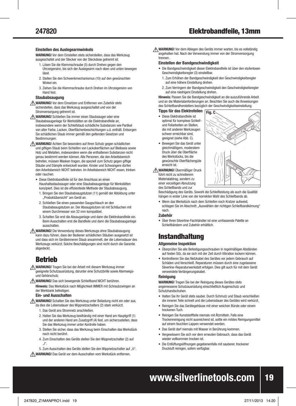 Betrieb, Instandhaltung | Silverline 260W Power Belt File 13mm User Manual | Page 20 / 40