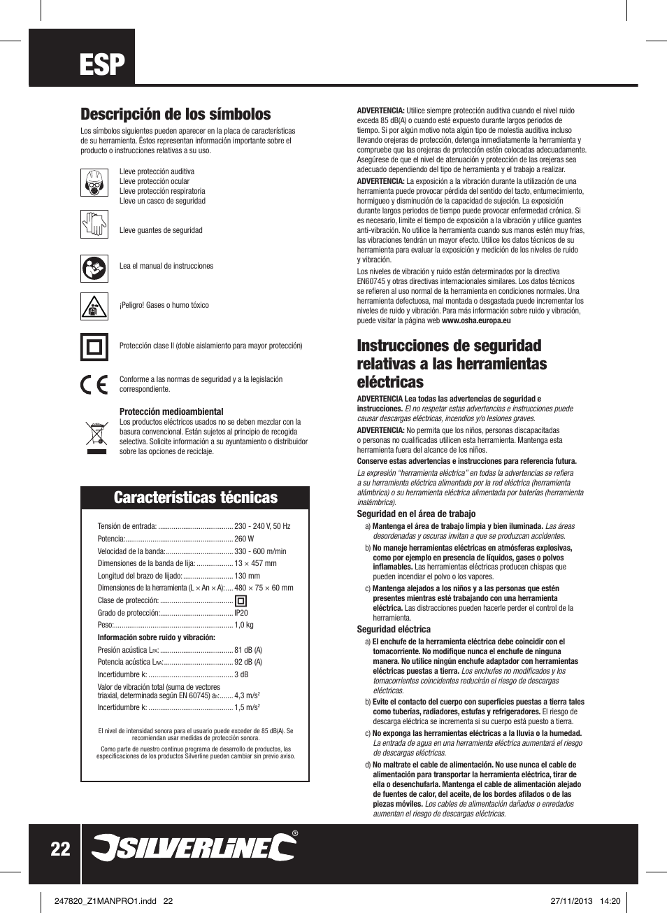 Descripción de los símbolos, Características técnicas | Silverline 260W Power Belt File 13mm User Manual | Page 23 / 40