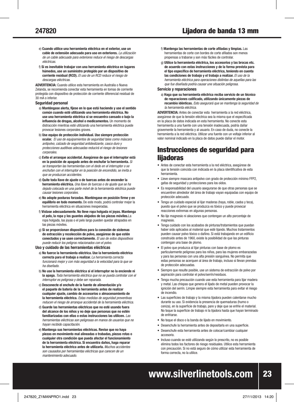 Instrucciones de seguridad para lijadoras | Silverline 260W Power Belt File 13mm User Manual | Page 24 / 40