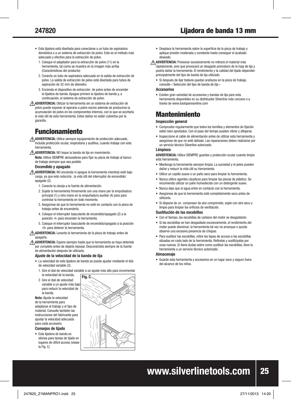 Funcionamiento, Mantenimiento | Silverline 260W Power Belt File 13mm User Manual | Page 26 / 40