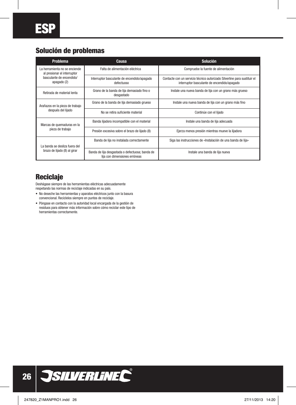 Solución de problemas reciclaje | Silverline 260W Power Belt File 13mm User Manual | Page 27 / 40