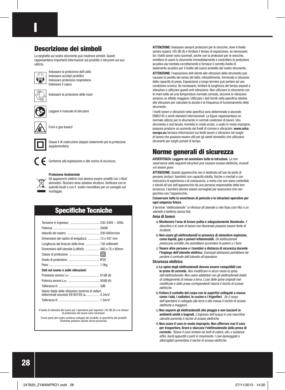 Norme generali di sicurezza, Descrizione dei simboli, Specifiche tecniche | Silverline 260W Power Belt File 13mm User Manual | Page 29 / 40