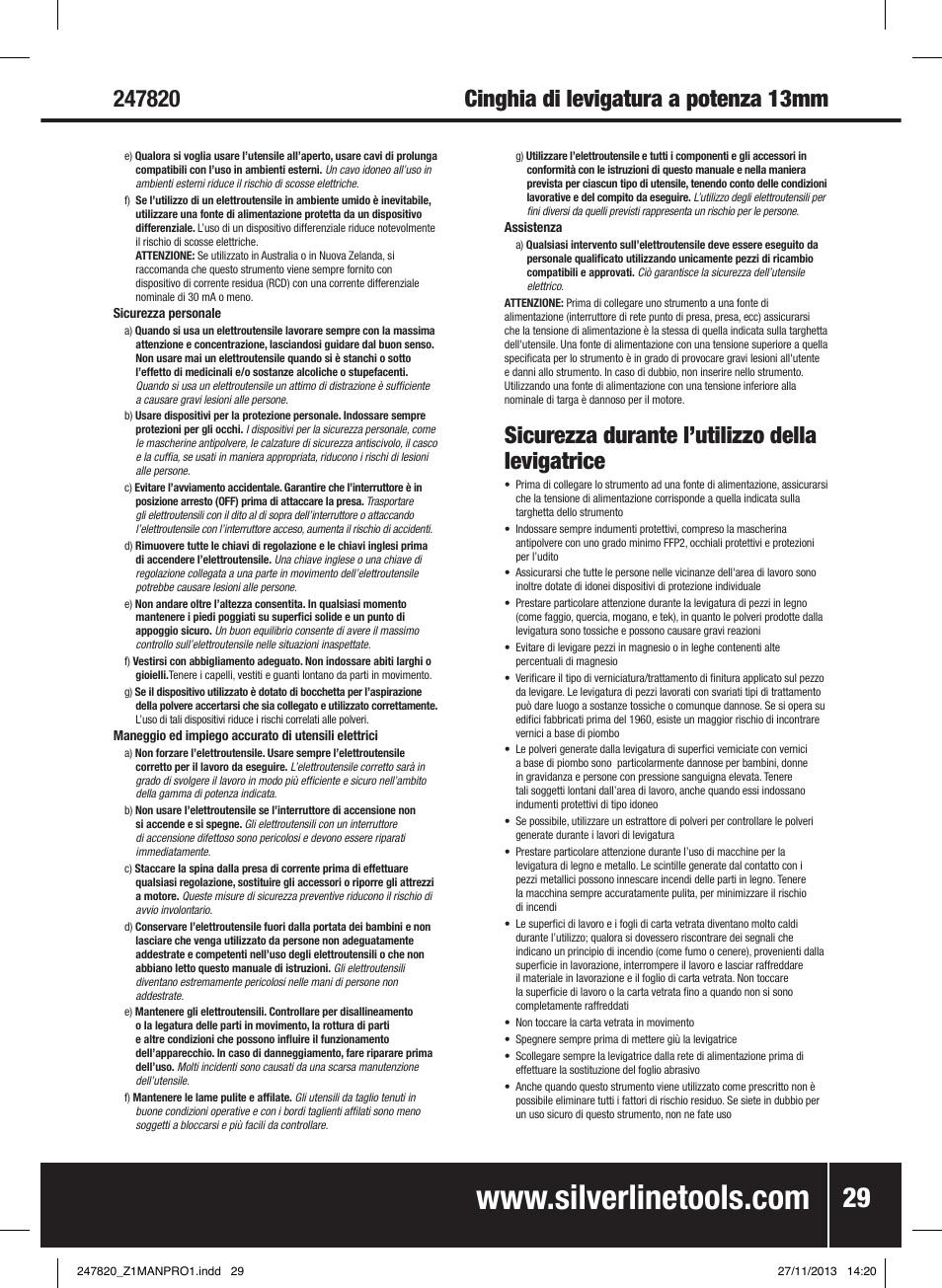 Sicurezza durante l’utilizzo della levigatrice | Silverline 260W Power Belt File 13mm User Manual | Page 30 / 40