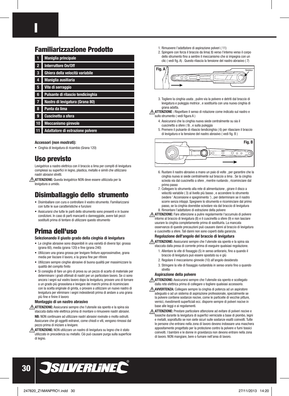 Familiarizzazione prodotto, Uso previsto, Disimballaggio dello strumento | Prima dell'uso | Silverline 260W Power Belt File 13mm User Manual | Page 31 / 40