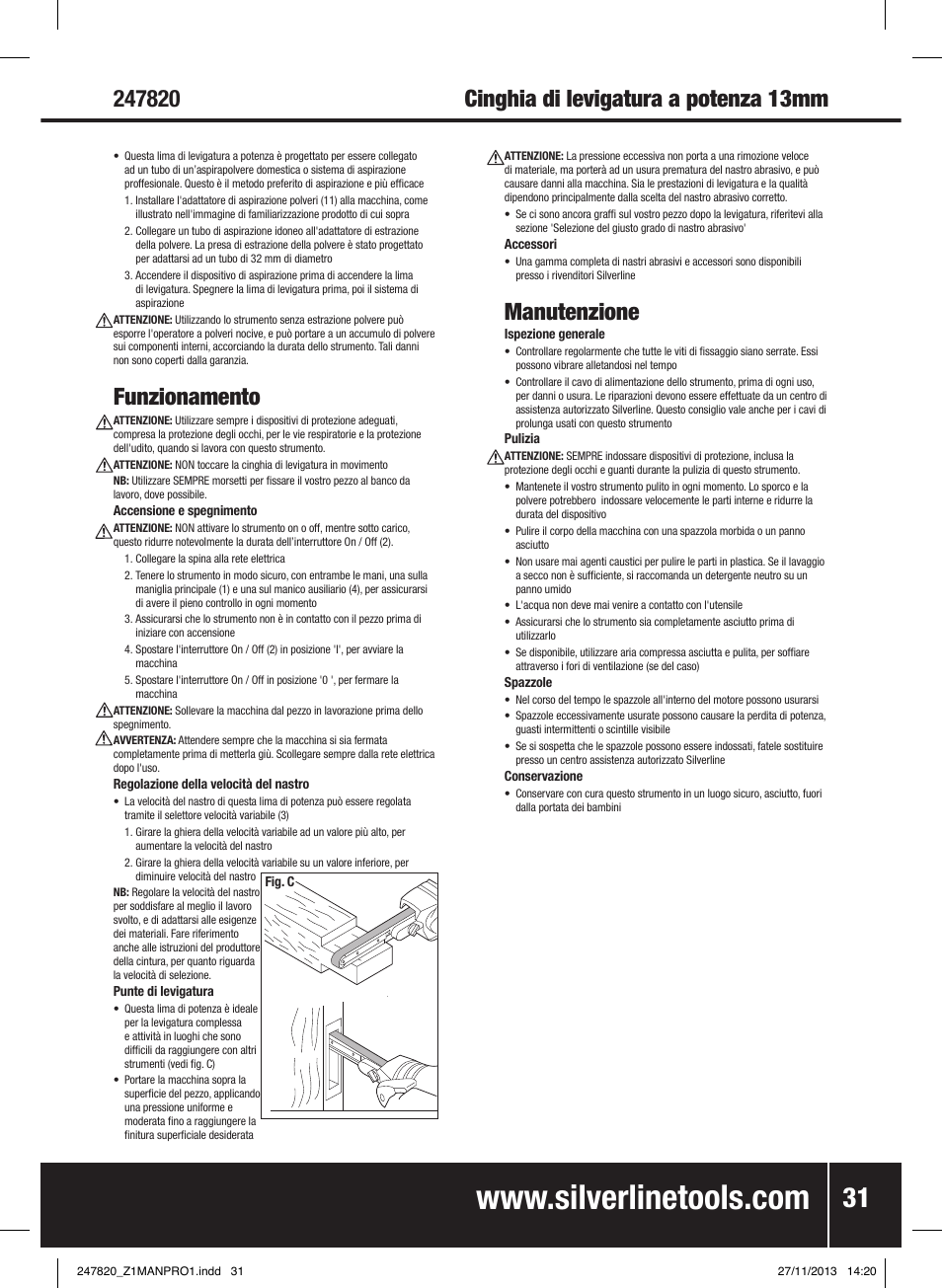 Funzionamento, Manutenzione | Silverline 260W Power Belt File 13mm User Manual | Page 32 / 40